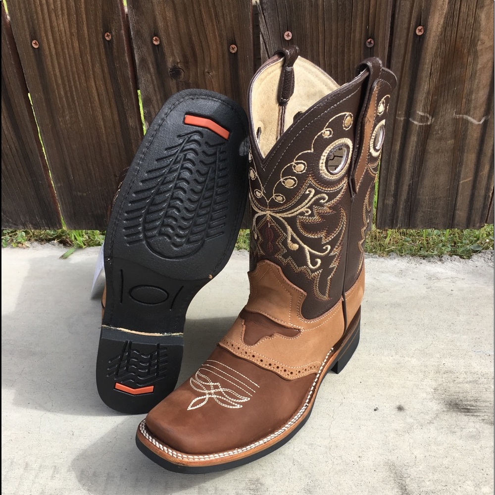 Mens Cowboy Genuine Leather Square toe Rodeo Boots